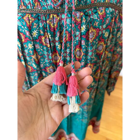 Tanvi Kedia Green & Pink Boho Tassel Long Sleeve Shift Dress - Picture 3 of 10